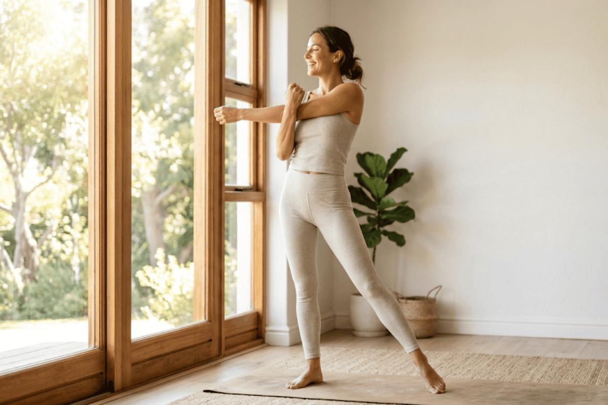 Woman in light gray leggings stretches her arm across her chest beside large wooden-framed windows, sunlight flooding the room.