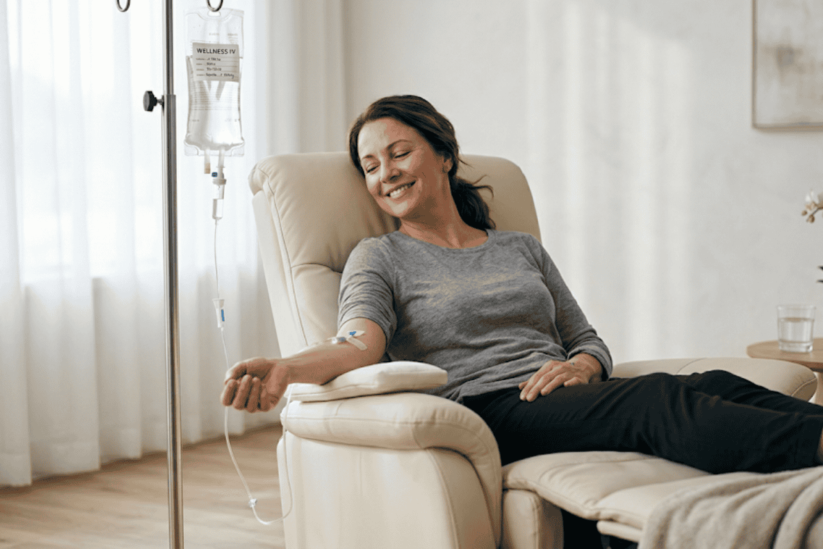 Smiling woman donates blood while seated in a beige recliner, IV line connected to a bag beside her.