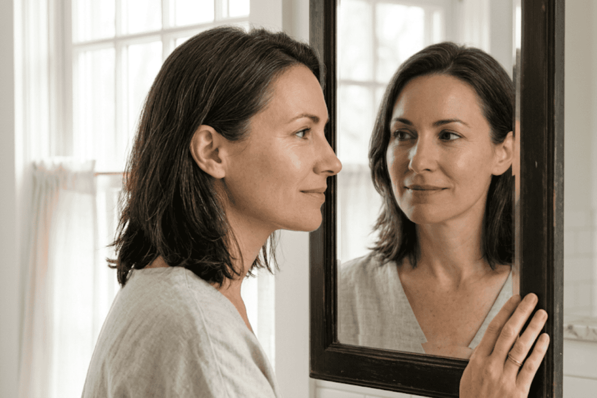 Woman in a light sweater looks at her reflection in a dark-framed mirror, hands resting on the frame beside a bright windowed room.
