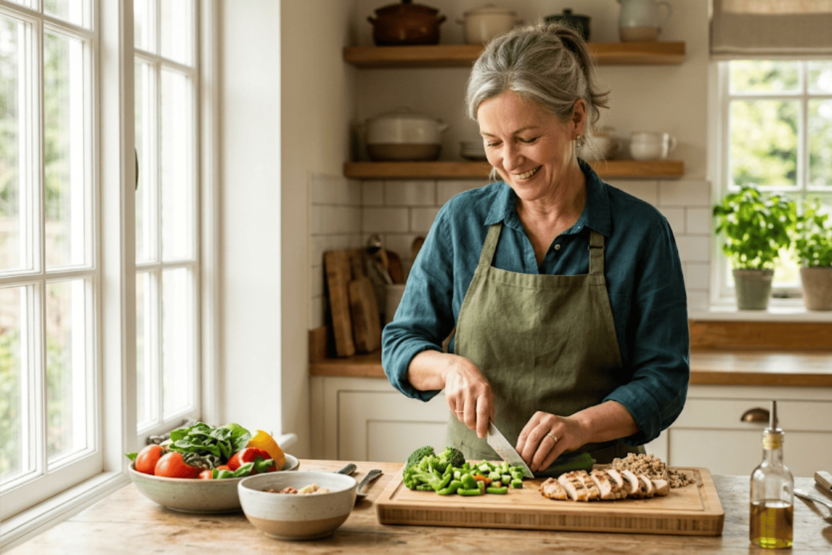 Smiling woman in a teal shirt and apron chops green peppers on a wooden cutting board in a bright kitchen.