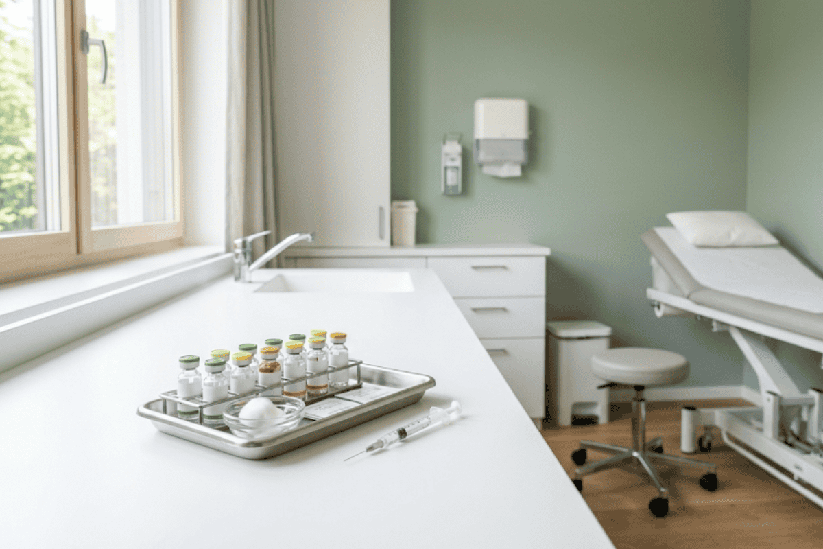 Tray of vaccine vials and a syringe on a white clinic counter, with an examination bed and medical supplies in a green-walled exam room.