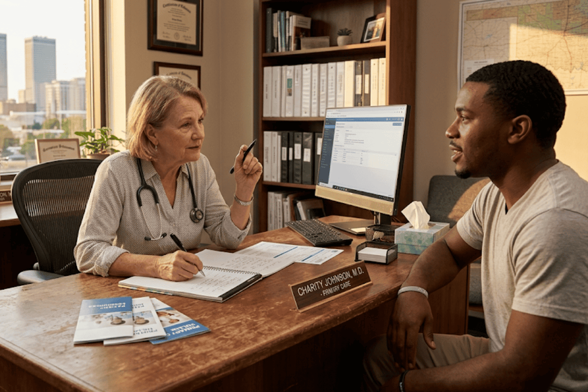 Female doctor with stethoscope consulting a patient at a wooden desk in an office; nameplate reads Charity Johnson, MD.