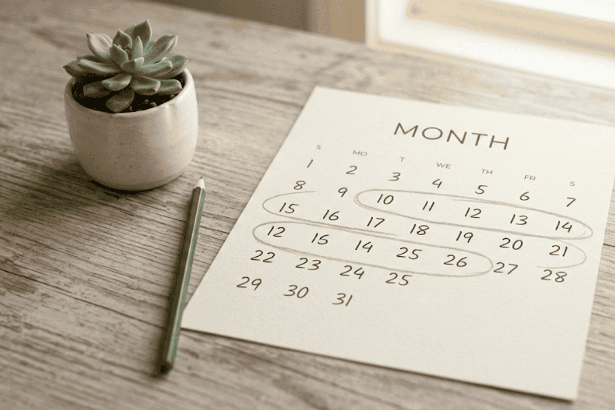 Desk with a calendar page showing circled dates and a green pencil beside a small succulent plant.