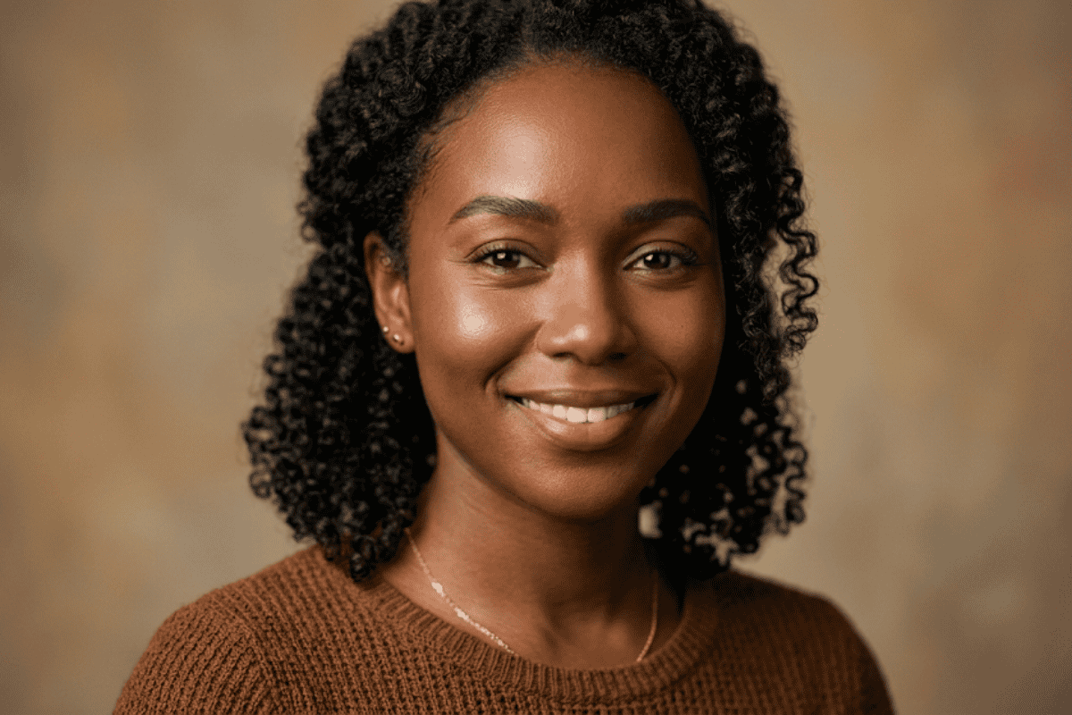 Smiling woman with natural curls in a brown sweater against a warm, blurred background