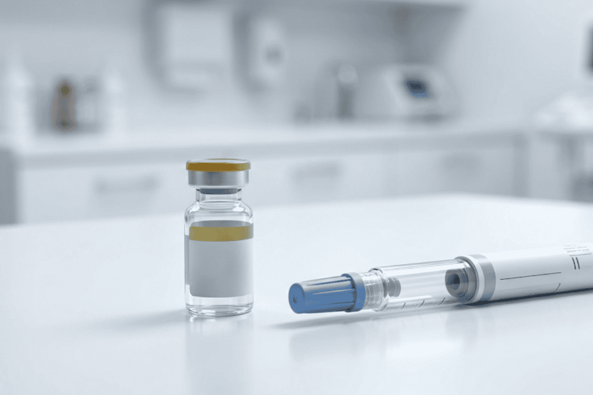 Vial of vaccine with yellow cap and a syringe on a clean lab counter, ready for administration in a clinical setting.
