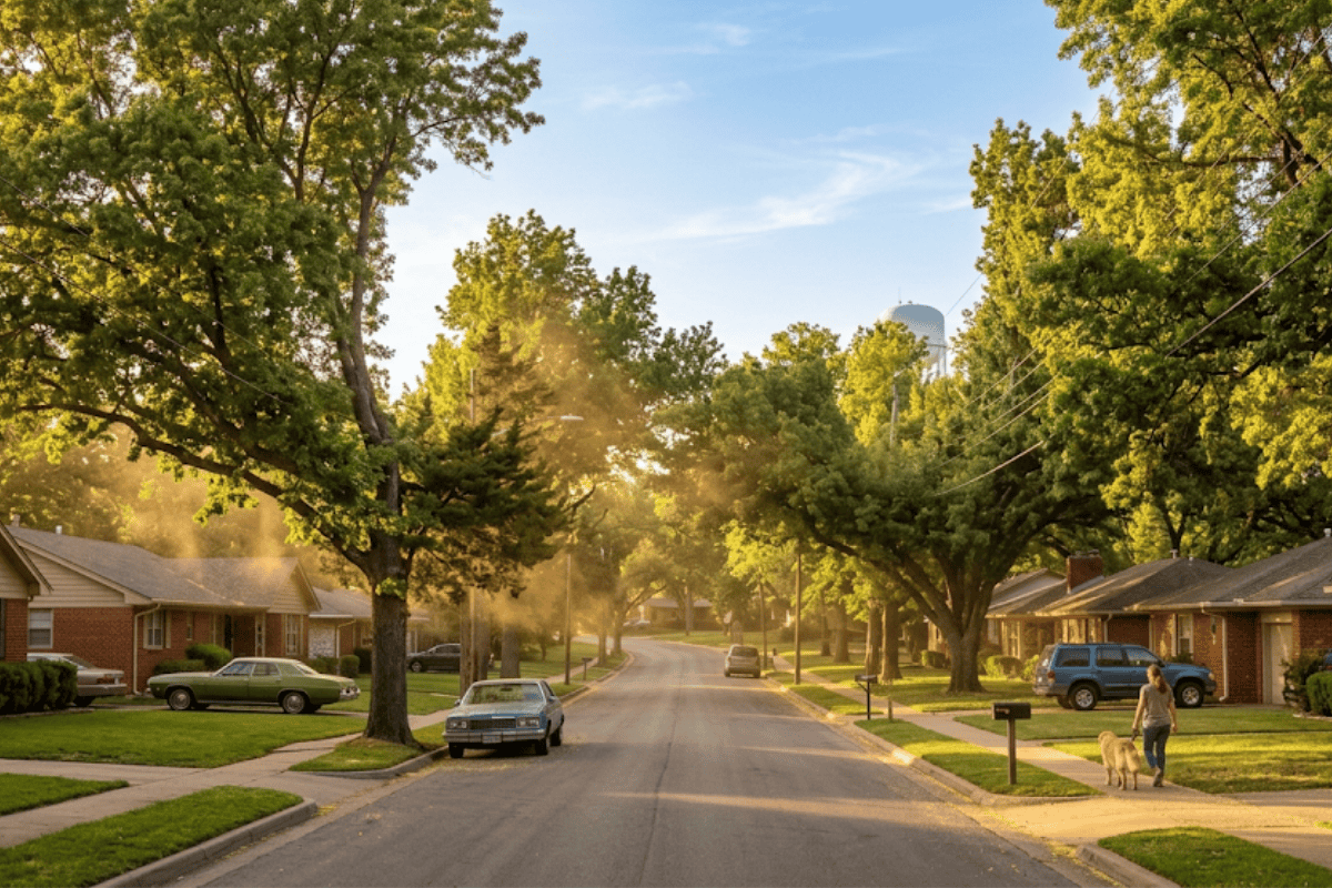 Sunlit suburban street with trees, parked cars, and a person walking a dog on the sidewalk in the late afternoon light.