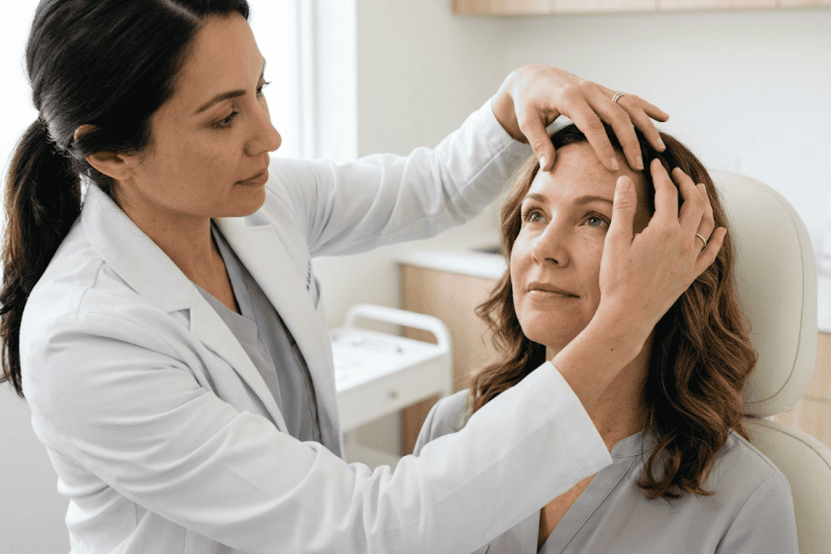 Doctor examining a woman's head in a medical office during a checkup.