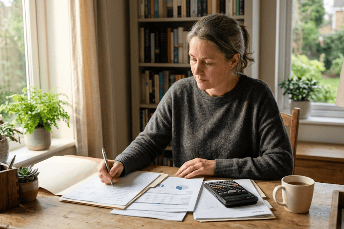 Woman seated at a wooden table, writing on papers while using a calculator and drinking coffee.