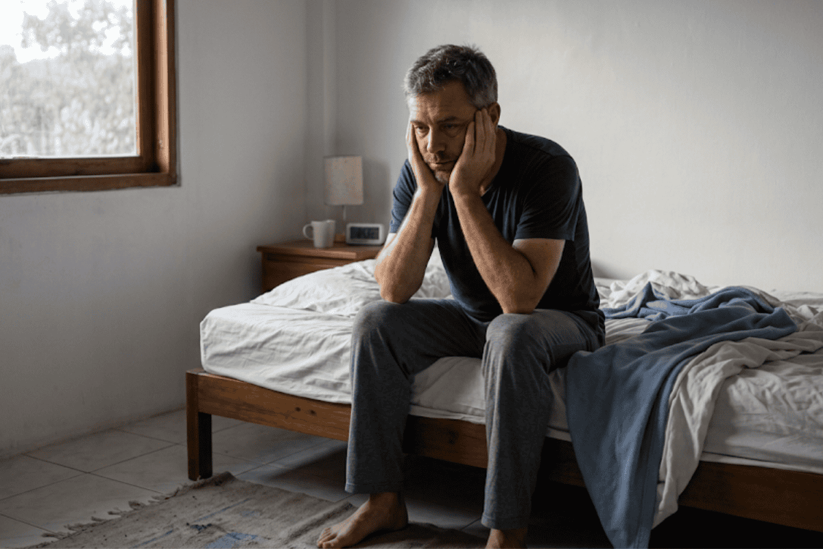 A middle-aged man sits on the edge of an unmade bed in a quiet bedroom, hands pressed to his temples, looking distressed and tired.