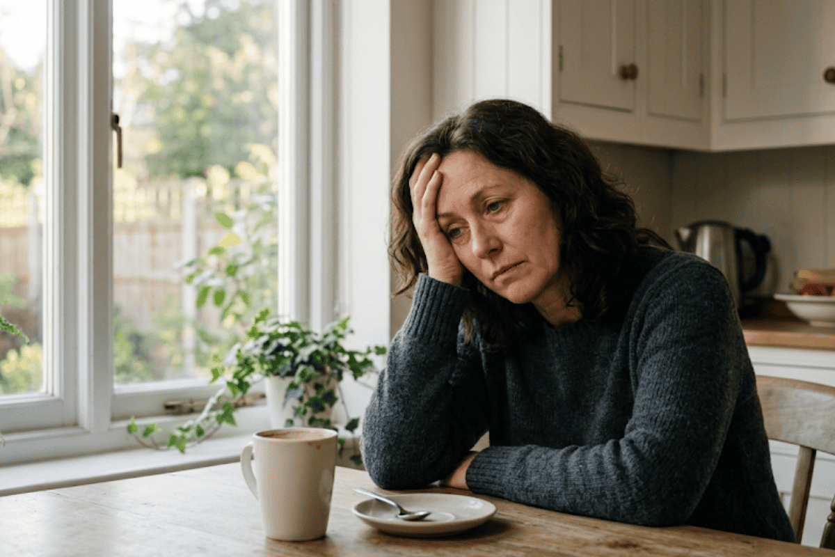 Woman sitting at a kitchen table with her head resting on her hand, looking tired or sad beside a mug and spoon.