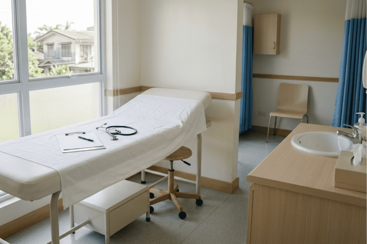 Hospital examination room with a white patient bed, clipboard and stethoscope on the sheet near large windows