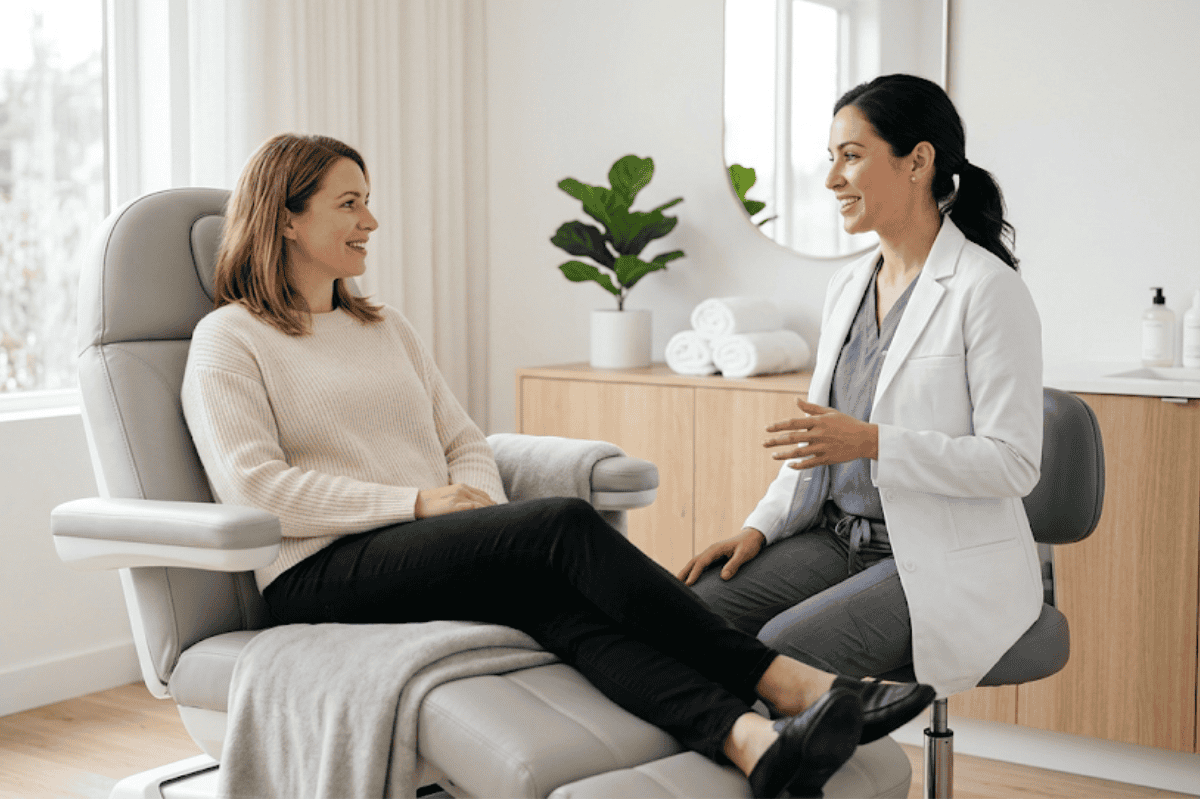 Female doctor in a white coat talks with a patient seated in a medical chair in a bright clinic.