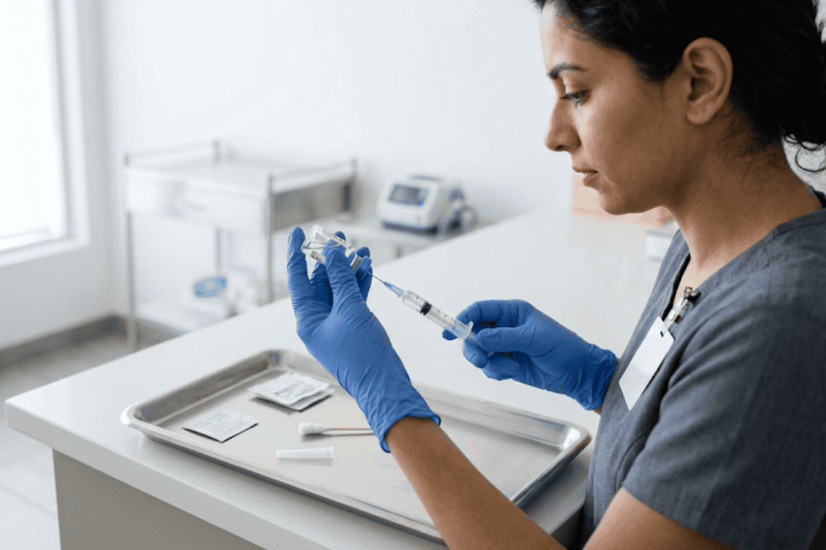 Female healthcare worker wearing blue gloves drawing liquid into a syringe at a medical station in a clinic.