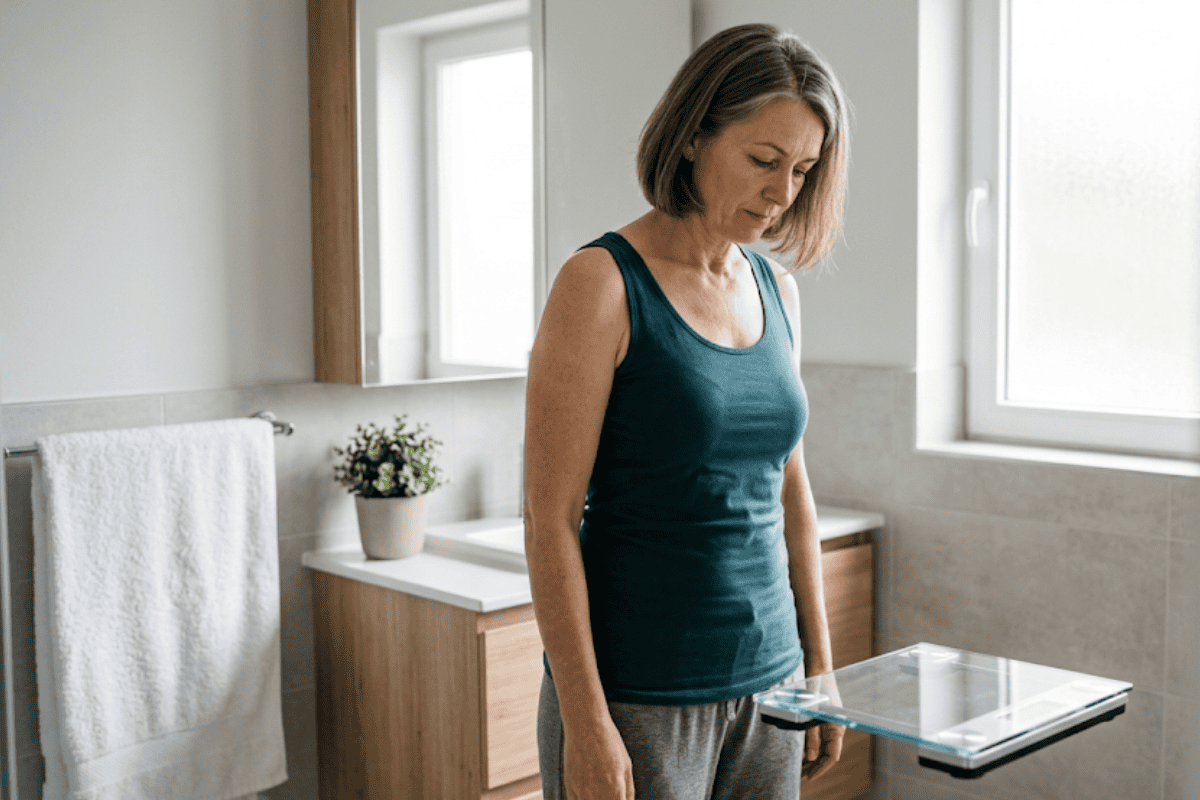 Middle-aged woman in a teal sleeveless top stands in a bright bathroom, looking down at a glass digital scale on a counter.